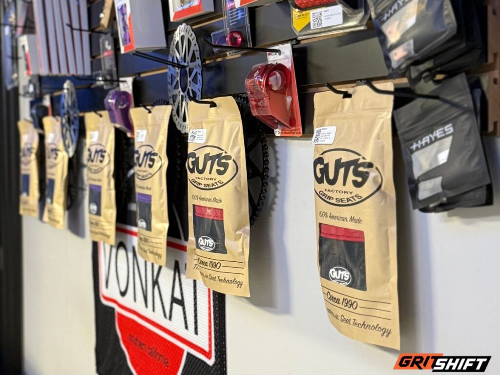 Guts seat covers on display at GritShift HQ
