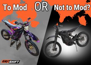 To mod an electric dirt bike or not? A picture of 2 bikes next to each other with the same text