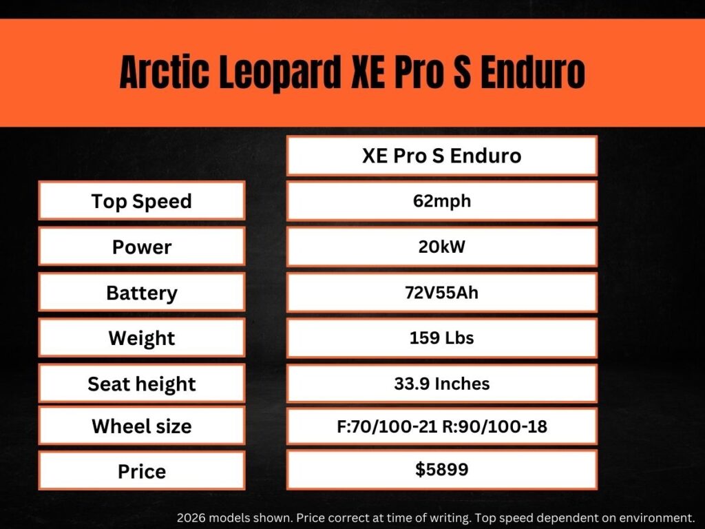 the stats on the Arctic Leopard XE Pro S Enduro electric dirt bike
